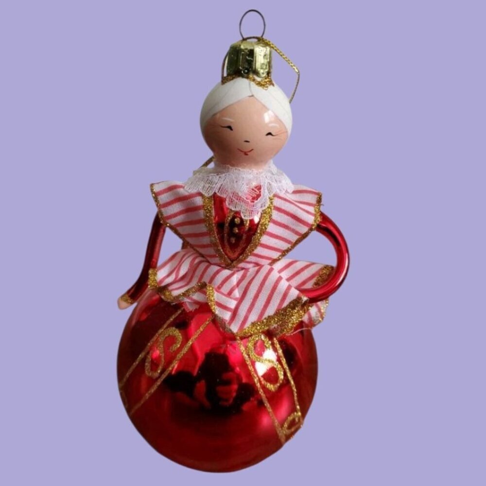 Trim A Home Vtg European Mrs.Clause Style Glass Ornament Red & White Doll "7"